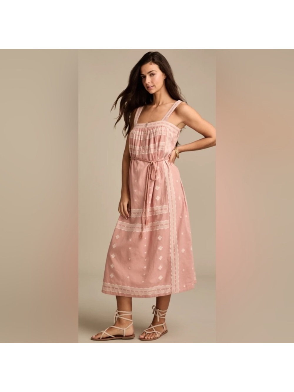 Lucky Brand Boho Belted Henley Embroidered Dress